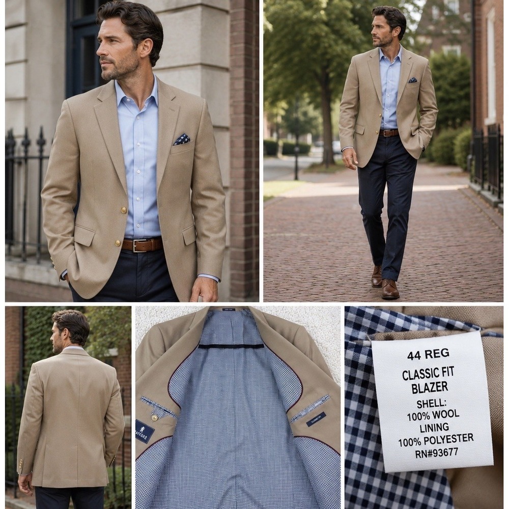 Stafford 44R Classic Fit Blazer Tan Wool Sport Coat Gold Button Preppy Coastal
